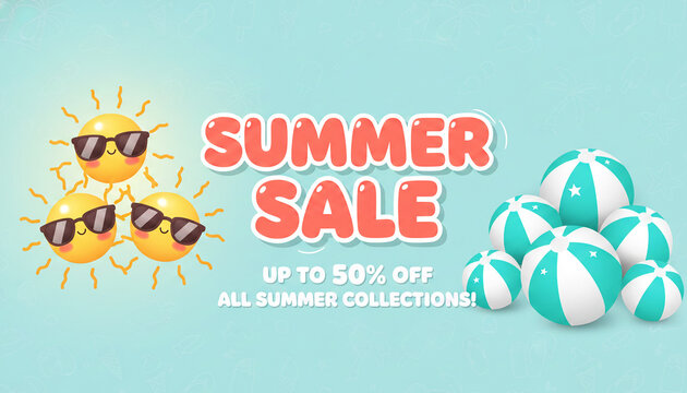 Cartoon suns wearing sunglasses and beach balls announce a summer sale with up to 50% off, representing a vibrant promotional event for seasonal offerings