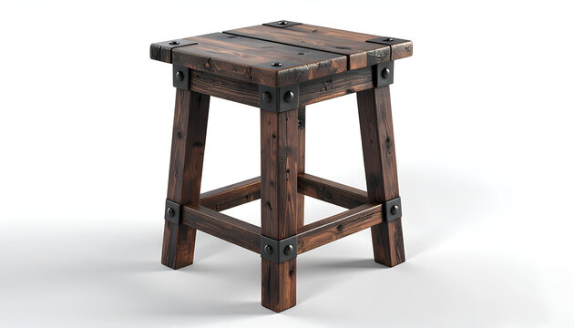 Rustic Wooden Stool with Industrial Metal Accents.