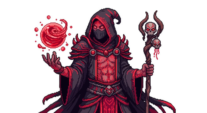 Mysterious dark wizard casting a powerful red spell.