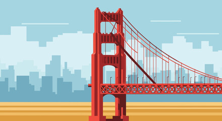 Fototapeta premium Iconic red suspension bridge over blue water with skyline.