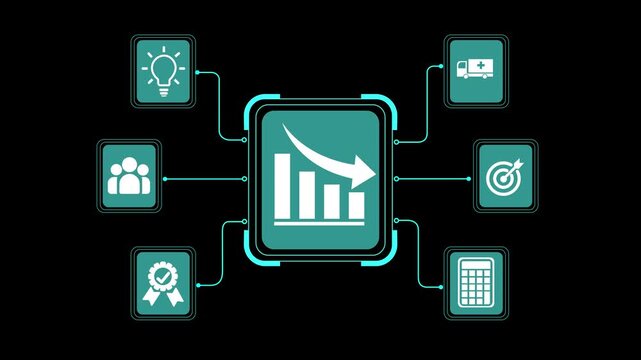 Business Data Analysis Concept Showing Financial Decline Graph, Performance Metrics Dashboard and Strategy Management Icons. on transparent background.