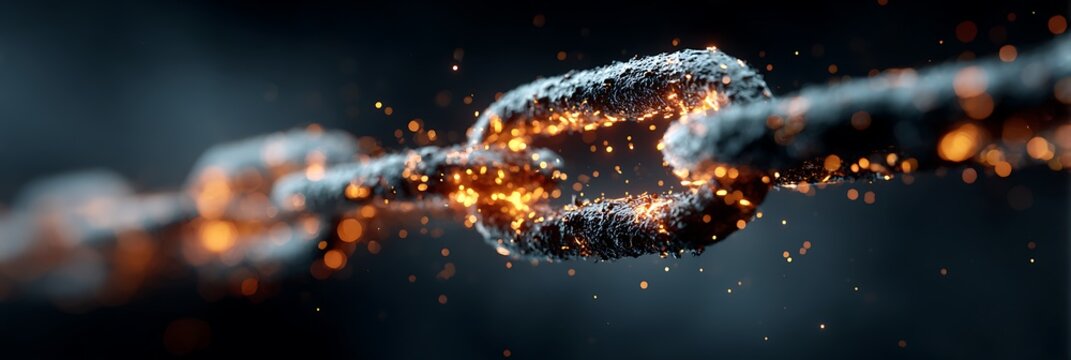 Glowing metal chain links under intense pressure with sparks flying in dark environment representing strength and unbreakable connection in industrial or digital security technology concept