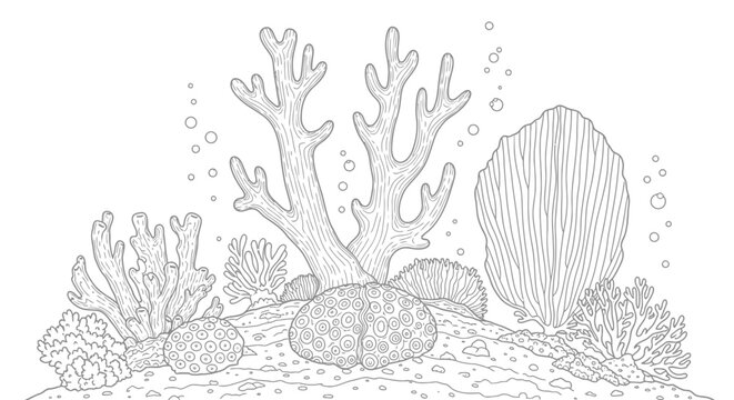 Underwater coral reef scene with diverse structures and light.