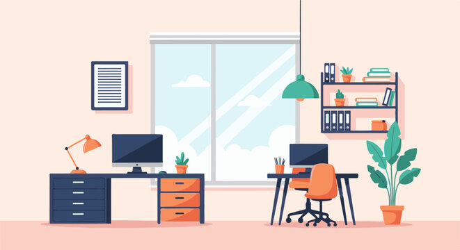 Two desks with computers, chairs, lamps, plants, and shelves are set against a pastel background