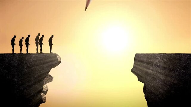 Teamwork vision concept people running across gap bridge silhouette success motivation leadership goal achievement sunrise background 4k video