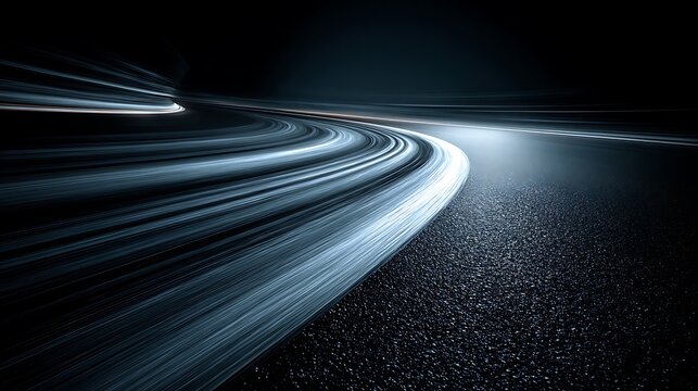 Dynamic light trails on asphalt road at night creating sense of motion and speed across dark landscape with sleek curves and futuristic aesthetic for modern transportation and technology concepts