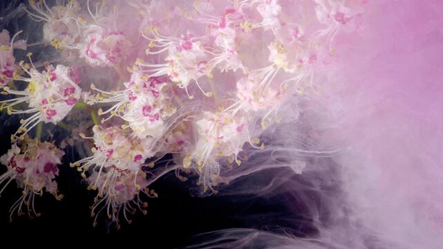 Pink blossom wreathed in swirling ink, soft pastel haze, delicate stamens and drifting petals, studio beauty shot ideal for wellness and editorial use