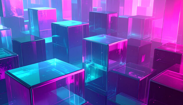 Abstract Geometric Cubes in Neon Pink and Blue Light.
