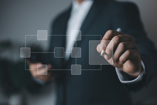 Business workflow diagram and process management concept with digital flowchart interface. Corporate strategy planning, system design, automation, and operational efficiency for modern organization