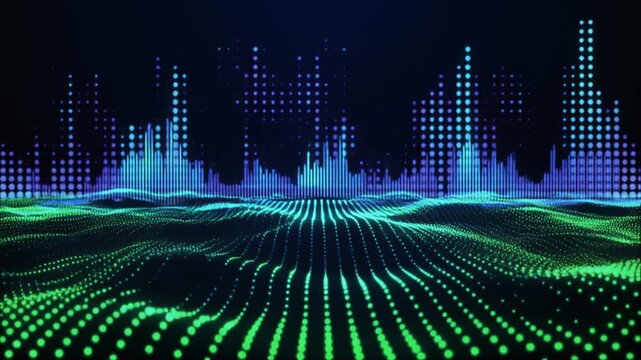 Abstract Digital Soundwave Visualizer - Green and Blue Particles