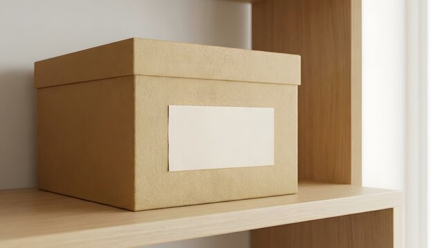 Cardboard storage box on a wooden shelf with a blank label storage solution storage unit cardboard container organization document packaging close-up