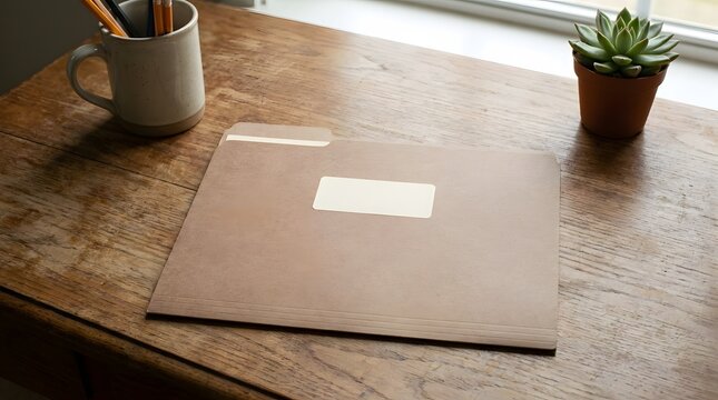 Folder with blank label on wooden table next to potted plant and mug home office documents folder manila folder document organization stationery