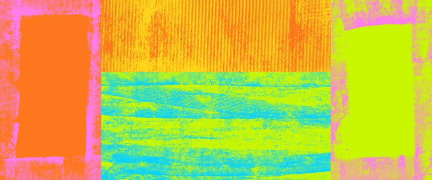 Brush paint collage texture with neon grunge print for trendy magazine layout and poster. Grunge urban printmaking letterpress rectangle linocut. Brush paint vector with distressed brushstroke mark.