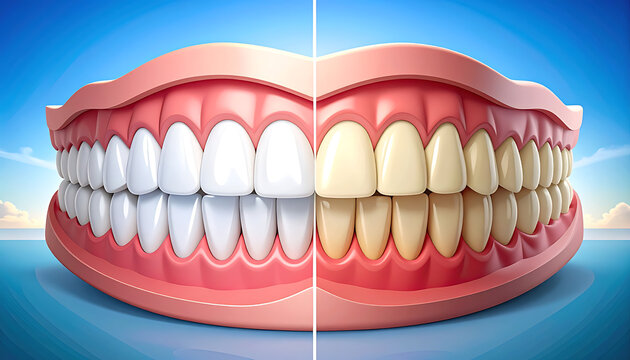 Split image comparing healthy white teeth and stained yellow teeth, symbolizing dental hygiene and whitening treatments against a blue sky background
