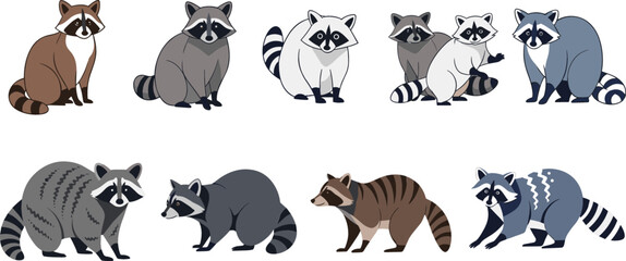 Obraz premium Raccoon cartoon collection with different poses and colors woodland animal vector illustration for wildlife design kids education nursery decor and playful themes