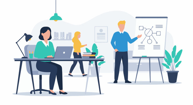 Professionals collaborate in an office setting, presenting ideas on a whiteboard