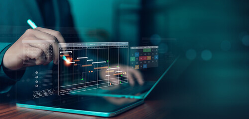 Project management dashboard with digital Gantt chart, timeline scheduling, and task tracking...