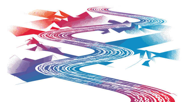A winding path of binary code snakes through abstract mountain silhouettes depicted in vibrant and multi-colored geometric gradients on a white surface.