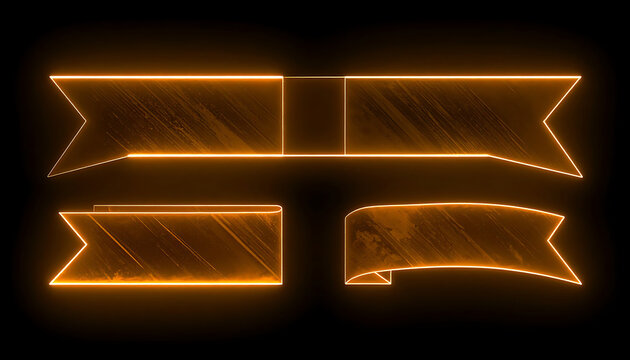 Set of four luminous orange glowing banner shapes with grunge texture, on a dark background, modern design elements