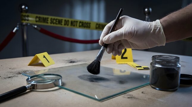 Forensic dusting for fingerprints at a crime scene with crime scene tape magnifying glass gloved hand law enforcement forensics investigation evidence