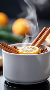 Aromatic mulled wine steaming in a white mug, garnished with a lemon slice, cinnamon sticks, and star anise, creating a warm, cozy festive drink