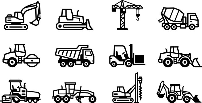 Outline icons for heavy construction machinery and vehicles