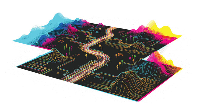 An isometric view of a dark digital landscape features glowing light trails and topographical data mountains on a structured grid with neon accents.