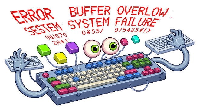 Humorous Cartoon Keyboard with Eyes and Arms Experiencing System Failure.