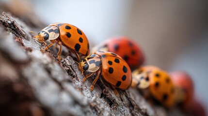 Fototapeta premium Close-up view of several ladybugs with distinctive black spots crawling on a textured tree bark surface in a natural outdoor setting