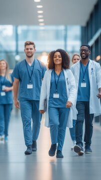 Diverse medical professionals walking together in a modern hospital hallway with smiles