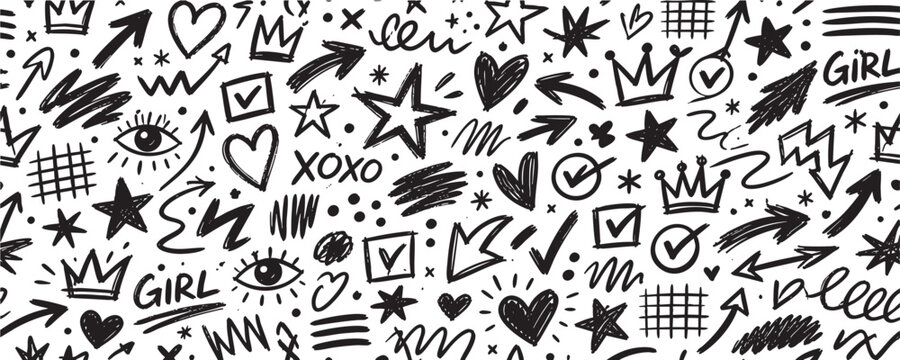 Seamless pattern with hand drawn doodle elements including hearts, stars, crowns, arrows, eyes, and check marks. Vector illustration isolated on white background.