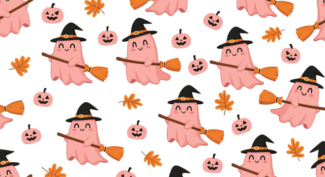 Seamless Halloween pattern with cute ghost witches flying on broomsticks with pumpkins and autumn leaves in playful cartoon vector style for festive design