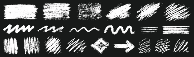 Collection of various hand-drawn chalk scribble textures, brush strokes, lines, and shapes isolated on a black background for design elements. © Zbrake Studio