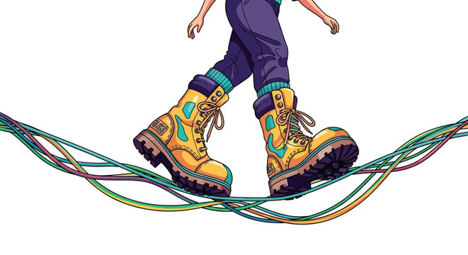 A person wearing bright yellow rugged hiking boots walks across a tangled web of colorful intertwined electrical wires against a clean white background.