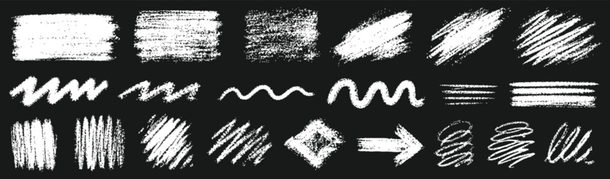 Collection of various hand-drawn chalk scribble textures, brush strokes, lines, and shapes isolated on a black background for design elements.