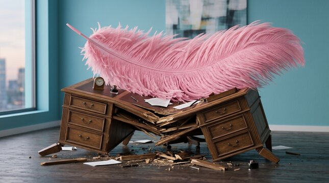 Gigantic pink feather crushing wooden office desk in conceptual representation of pressure.