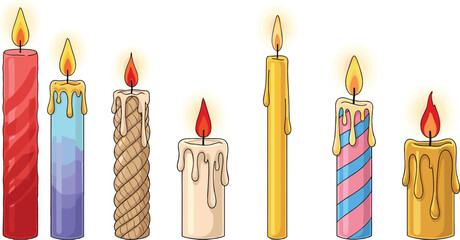 Set of burning candles with melting wax in various styles and colors in cartoon vector illustration for decoration, celebration, relaxation, and cozy atmosphere design © MdNazmul