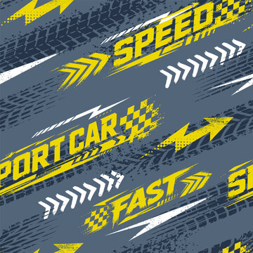 Abstract seamless grunge pattern for boy. Urban style modern background with trace of tire, lightning and sports slogans. Drive and speed modern creative wallpaper for guys.