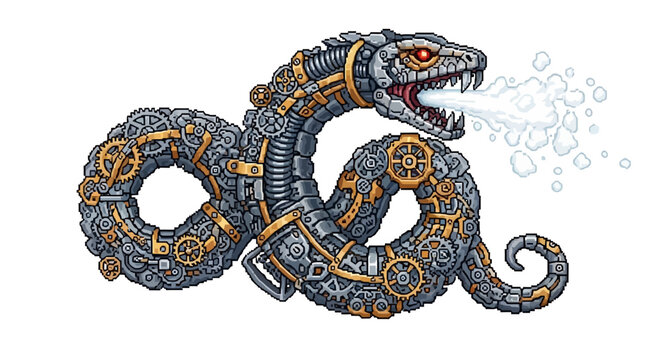 Intricate Steampunk Mechanical Snake Creature Illustration.