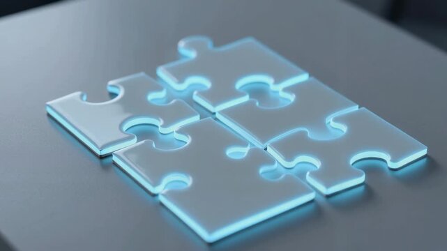 Blue Glowing Puzzle Pieces Interlocking on a Modern Metallic Background