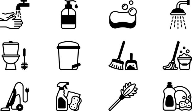Minimalist outline icons for cleaning and hygiene products