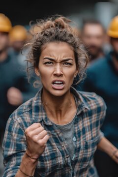 Determined woman leading a protest with an angry expression and clenched fist, a symbol of resistance and struggle