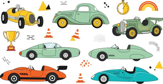 Vintage and classic racing cars collection with retro vehicles traffic cones and trophy in flat vector style for motorsport design, transport illustration, and automotive theme