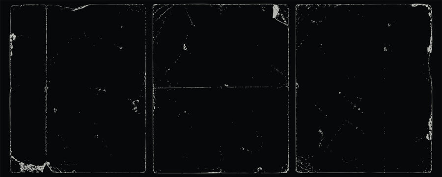Set of three vintage film frames with dust, scratches, and grunge texture, isolated on a black background for photography and video editing effects.