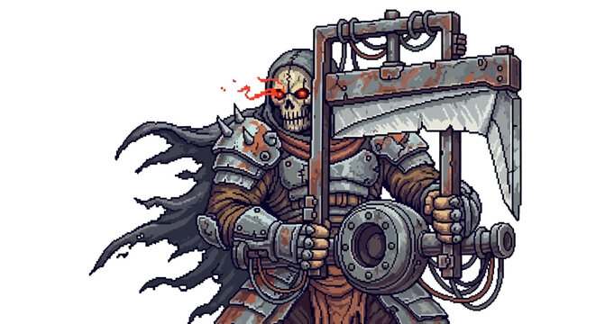 Grim Reaper Warrior with Mechanical Scythe Weapon.
