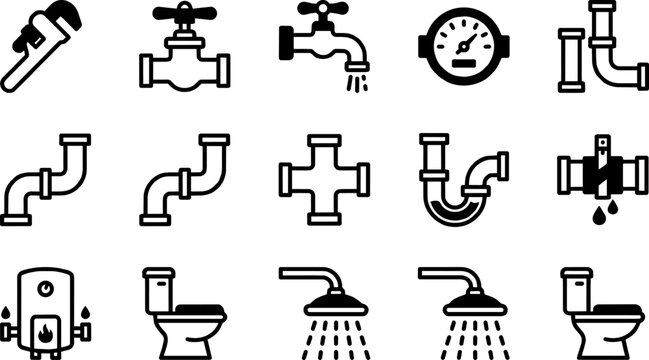 Set of plumbing and sanitation thin line stroke icons