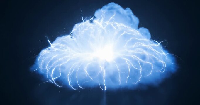 Electric blue lightning cloud glowing bright energy sparks radiate from central explosion within fluffy cloud against dark night sky creating powerful natural electric energy display
