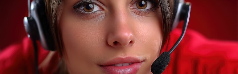 Fototapeta premium Close-up portrait of a friendly woman wearing a headset, ready to assist with customer service