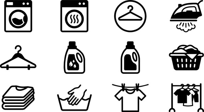 Outline icons set of laundry and washing appliances symbols