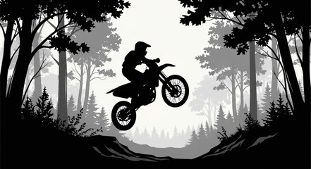 Silhouette of Mountain Biker Jumping in Forest Scene. © Syeh